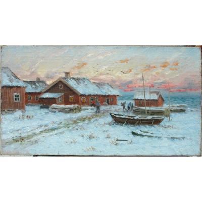 Johan BOSTRÖM "Port enneigé au coucher de soleil"  1916 huile sur toile 33x59